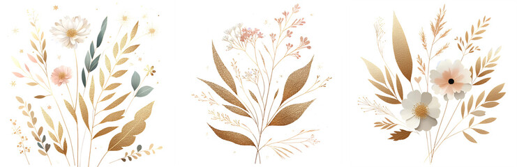 Rose gold flowers leaves bunch minimal golden elements png clipart transparent, postcards, greeting cards, wedding invites.
