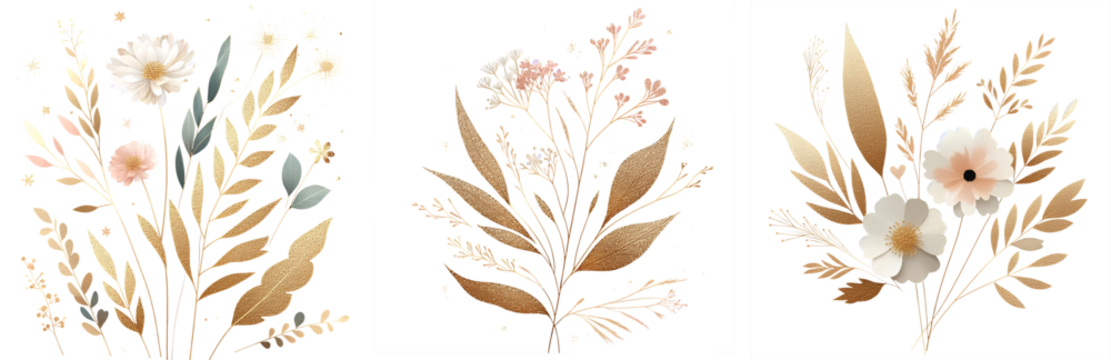 Rose gold flowers leaves bunch minimal golden elements png clipart transparent, postcards, greeting cards, wedding invites.