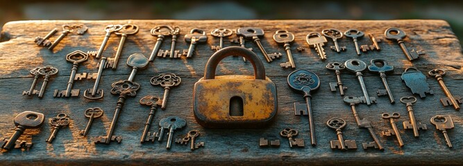 Vintage keys and a padlock on a rustic table in golden sunlight