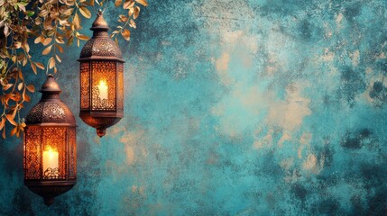 Two ornate lantern, background hanging against a textured turquoise wall, background, mockup, creating a warm ambiance.