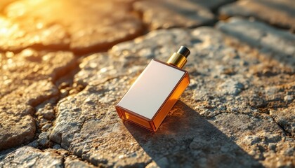 Amber Perfume Bottle on Sun-Drenched Cracked Earth: A Luxurious Desert Fragrance