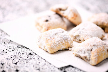 Stollen Bites on bright background. Soft focus. Close up