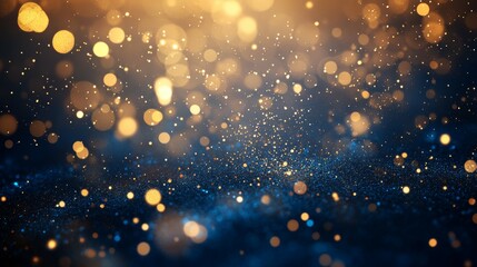 This captivating abstract background features deep blue hues with shimmering golden particles and soft bokeh effects, ideal for festive themes and adding elegance to visual projects