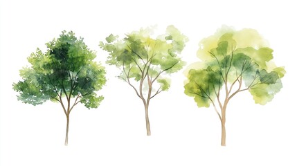 Hand drawn watercolor illustration of three trees. Gentle shades of green highlight leafy canopies. Suitable for landscape design architectural planning. Perfect for nature lovers eco-conscious