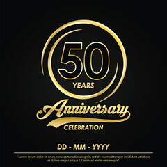 50th years anniversary celebration emblem. elegance golden anniversary logo isolated with ring and ribbon on black background. vector illustration template