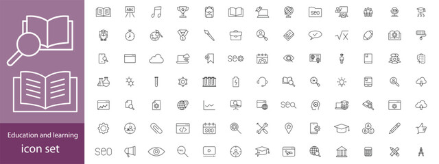 Education and learning icon set Outline vector icons related with education, success, academic subjects and more.