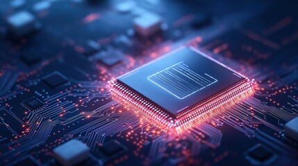 Futuristic chip with glowing lines on tech circuit board. High-speed broadband fuels digital banking, payments. Blockchain innovation drives modern fintech ecosystem. Fast, secure tech for banking