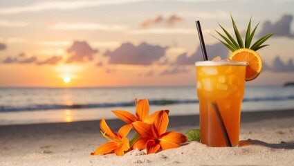 Obraz premium Refreshing beverage on tropical beach at sunset