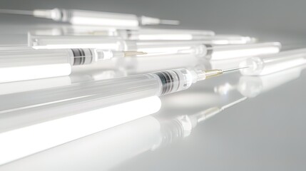 Close-up of multiple sterile syringes on a reflective surface.