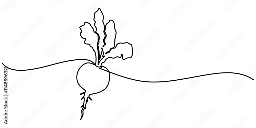 Poster Continuous line drawing whole healthy organic beetroot for plantation logo identity, Vector continuous one single line drawing icon of beetroot with leaf in silhouette on a white background. Linear. 