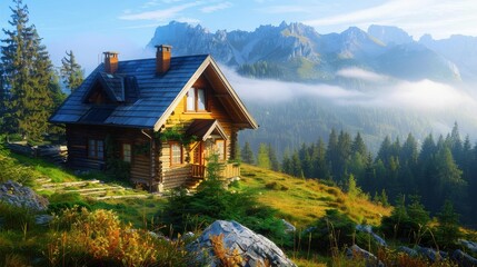 Fototapeta premium Stunning Ultra HD Image of a Rustic Cabin Overlooking a Serene Misty Valley Perfect for Nature and Travel Projects