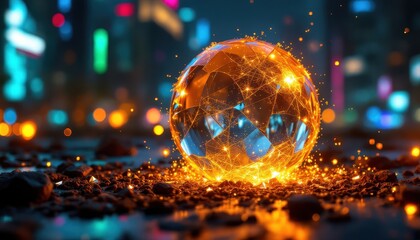 Glowing Crystal Sphere Amidst City Lights: A Futuristic Digital Art