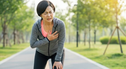 Middle-aged asian woman experiencing chest pain during outdoor exercise in park setting