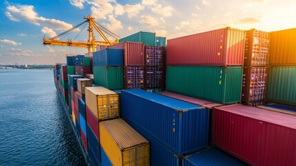 Fototapeta premium A vibrant image of stacked shipping containers at a port, illuminated by a golden sunset, with a crane in the background against a serene water backdrop.