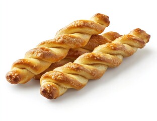 Two golden-brown, twisted breadsticks sit on a white background.  Perfect for dipping or enjoying on their own!