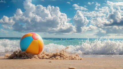 Beach ball partially buried in sand near ocean waves on sunny day.