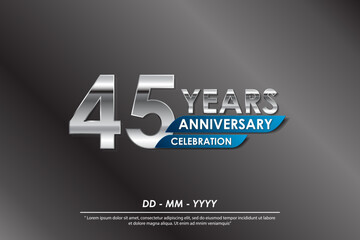 45th years anniversary celebration emblem. elegance silver anniversary logo isolated with blue ribbon. vector illustration template design for web, flyers, poster, greeting card and invitation card