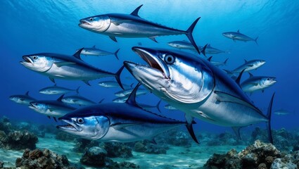 Fototapeta premium School of bluefin tuna swimming underwater sea