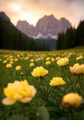 Obraz premium Vibrant yellow peonies against dolomite mountains at sunset