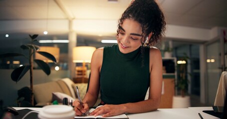 Business woman, writing and night with book for online course, virtual class or learning workshop...