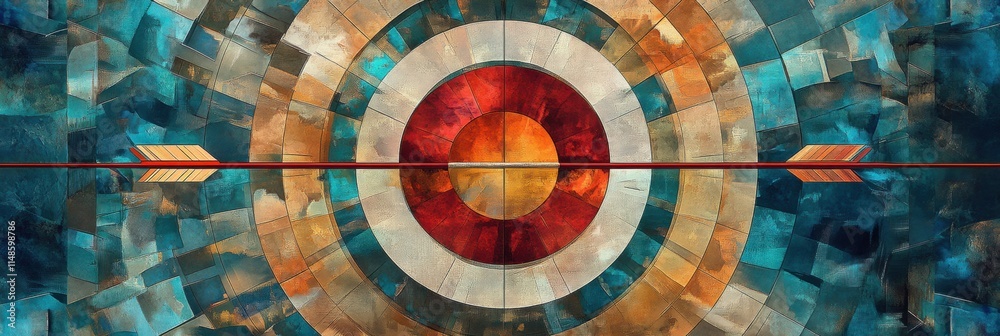Poster Vibrant target design featuring concentric circles and an arrow on a colorful abstract background. Generative AI