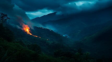 Fototapeta premium Night wildfire raging on a mountainside, engulfing lush green vegetation under a stormy sky.