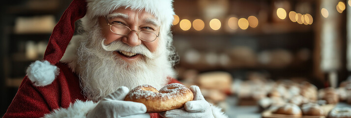 Santa Claus eating in bakery.
