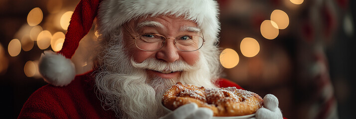 Santa Claus eating in bakery.