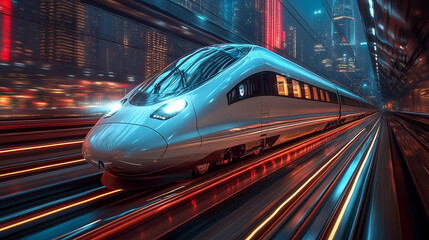 Fototapeta premium Futuristic High-Speed Train in Motion with Vibrant Cityscape Background