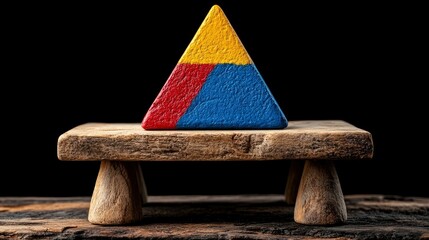 Triangular Wooden Block on Rustic Stand - Abstract Concept of Balance, Hierarchy, and Strategy
