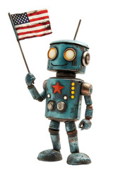 A small toy robot holding the flag of America isolated on a white background