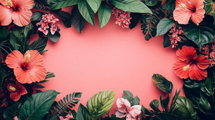 Tropical Hibiscus and Lush Foliage Framing a Coral-Pink Background, a Vibrant Botanical Scene for Design