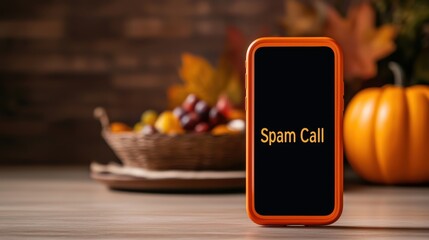 Spam call alert on orange smartphone in cozy autumn setting