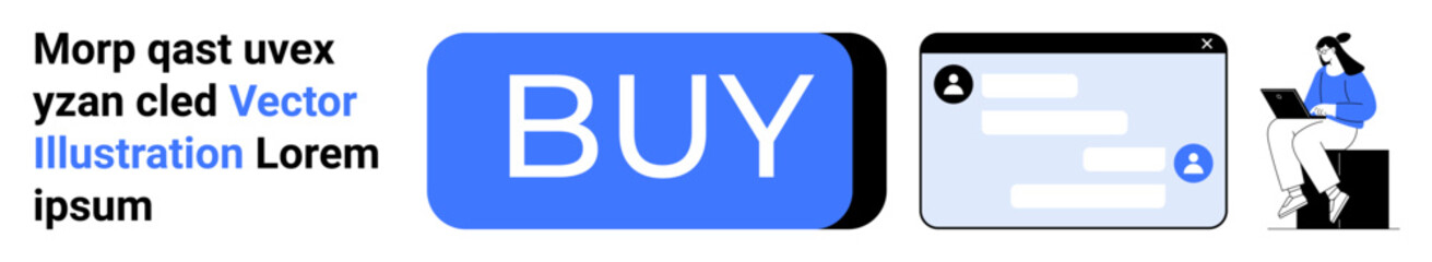 Blue Buy button, chat interface with user avatars and messages, and woman using a laptop. Ideal for e-commerce, customer service, web design, online transactions, technology, user interface