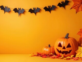 A vibrant Halloween scene featuring carved pumpkins, colorful autumn leaves, and decorative bats against a bright yellow background.