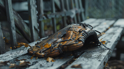 Worn-Out Baseball Glove on a Bench: A distressed baseball glove with torn leather sits on a bench, representing cherished memories of games long gone and the inevitable wear of time.