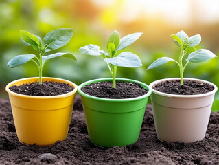 Hands carefully support colorful pots containing newly sprouted plants in rich soil