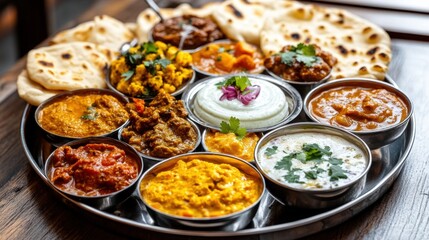 Indian food platter with various curries, naan bread, and yogurt.
