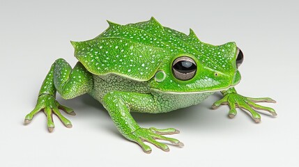 Fototapeta premium Close-up of a vibrant green frog with unique skin texture, isolated on a white background.
