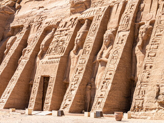 Stone carvings at the entrance of the Temple of Nefertari, Abu Simbel, Egypt - Lateral shot 2