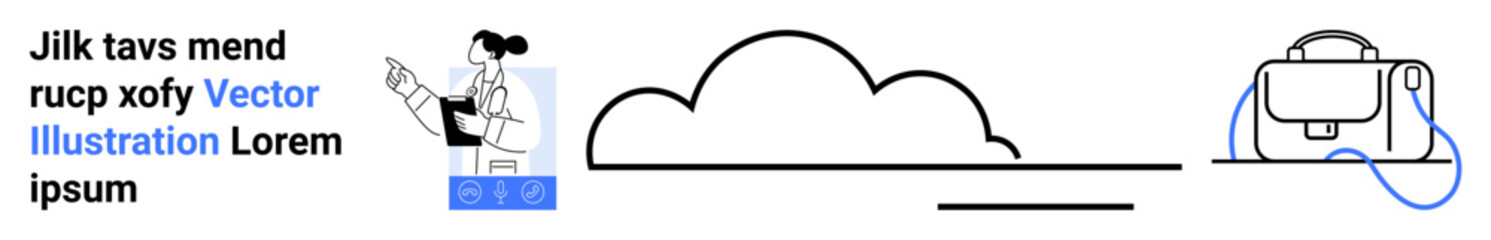 Business woman pointing at text blocks, cloud outline, and backpack with headphone cable. Ideal for business, education, travel, technology, web design, online presentations, marketing materials