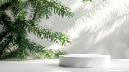 Product presentation background scene made with white podium column, pine or fir branches in sunlight. Christmas composition. Podium on light background, New Year trees. Winter concept