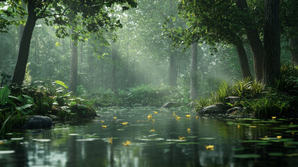 Tranquil forest stream with lily pads and sunlight filtering through trees.