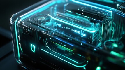 Obraz premium A futuristic computer case showcasing advanced technology and neon lighting.