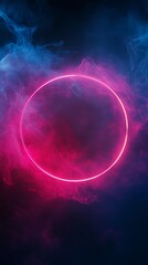 Obraz premium Neon circle on dark background with smoke and fog.