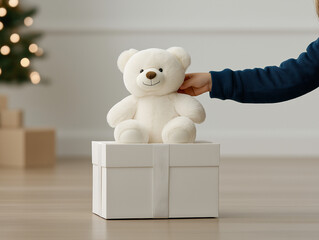 A child carefully sets a plush bear atop a holiday gift box in a cozy atmosphere