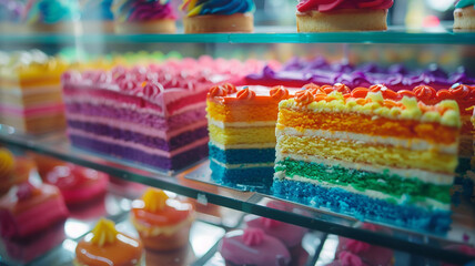 Rainbow-Themed Cakes and Pastries: A bakery display showcasing rainbow cakes and pastries, embodying celebration and inclusivity.