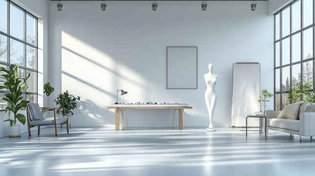 Minimalist dressmaking mannequin in modern studio with ample natural light