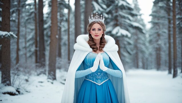 Snow queen in enchanting winter forest scene