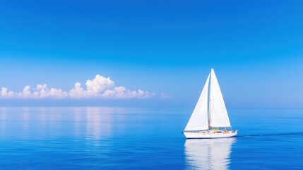 Fototapeta premium White sailboat sails on calm blue sea under a clear blue sky with fluffy clouds on the horizon.